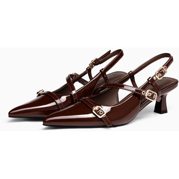 Women's Brown Slingback Kitten Heels Low Heel Closed Pointed Toe Pumps Buckle - Picture 3 of 4